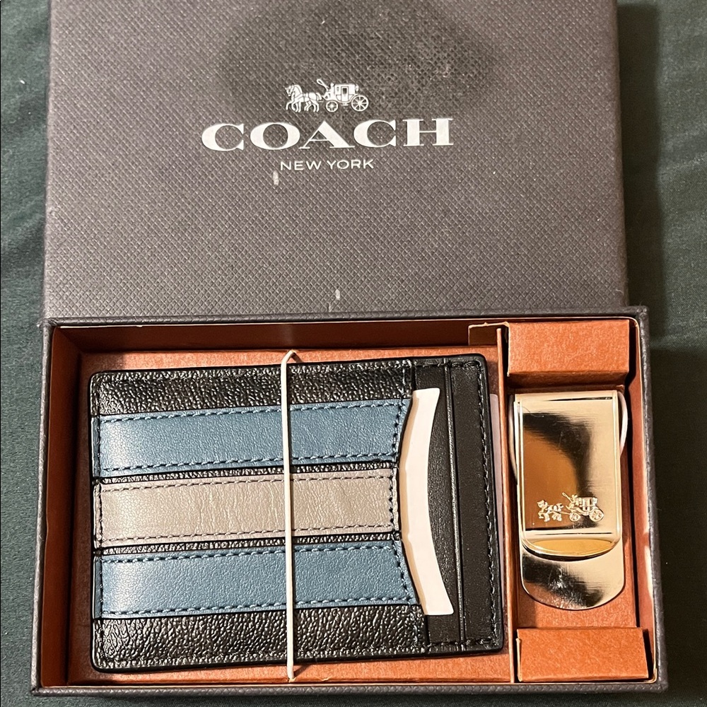 Coach Men's Black, Blue, and Gray Card Holder and Money Clip
